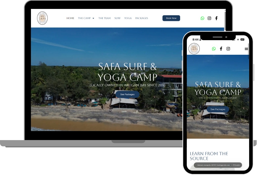 SAFA Surf and Yoga Camp website, shown on laptop and mobile