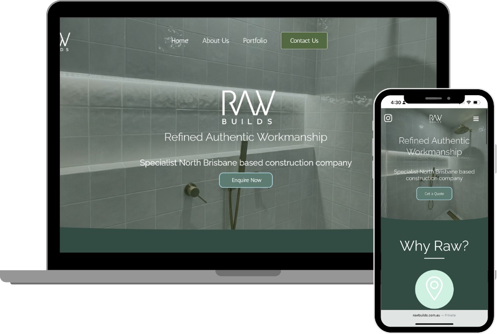 Raw Builds website, shown on laptop and mobile